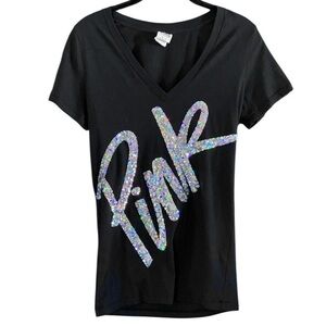 2013 Victorias Secret PINK Black V-Neck Tshirt Silver Sequin Bling M Y2K Fashion